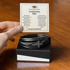 Silver cross bracelet from ShineOn Fulfillment engraved with "To My Boy Graduation Memories Love You Forever" jewelry accessory for graduates