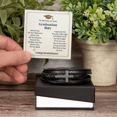 Silver cross bracelet with engraved "To My Boy Graduation Memories" jewelry from ShineOn Fulfillment, featuring a heartfelt design.