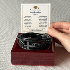 ShineOn Fulfillment graduation cross bracelet engraved with "Love You Forever" for boys, featuring a silver jewelry design.